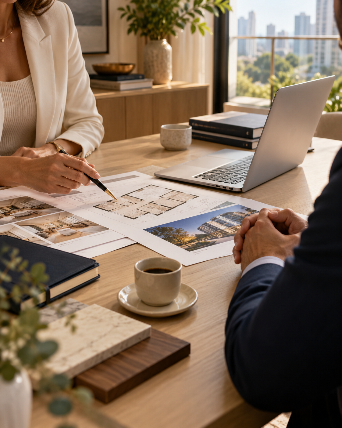 Ambiente moderno de consultoria imobiliária com plantas e café